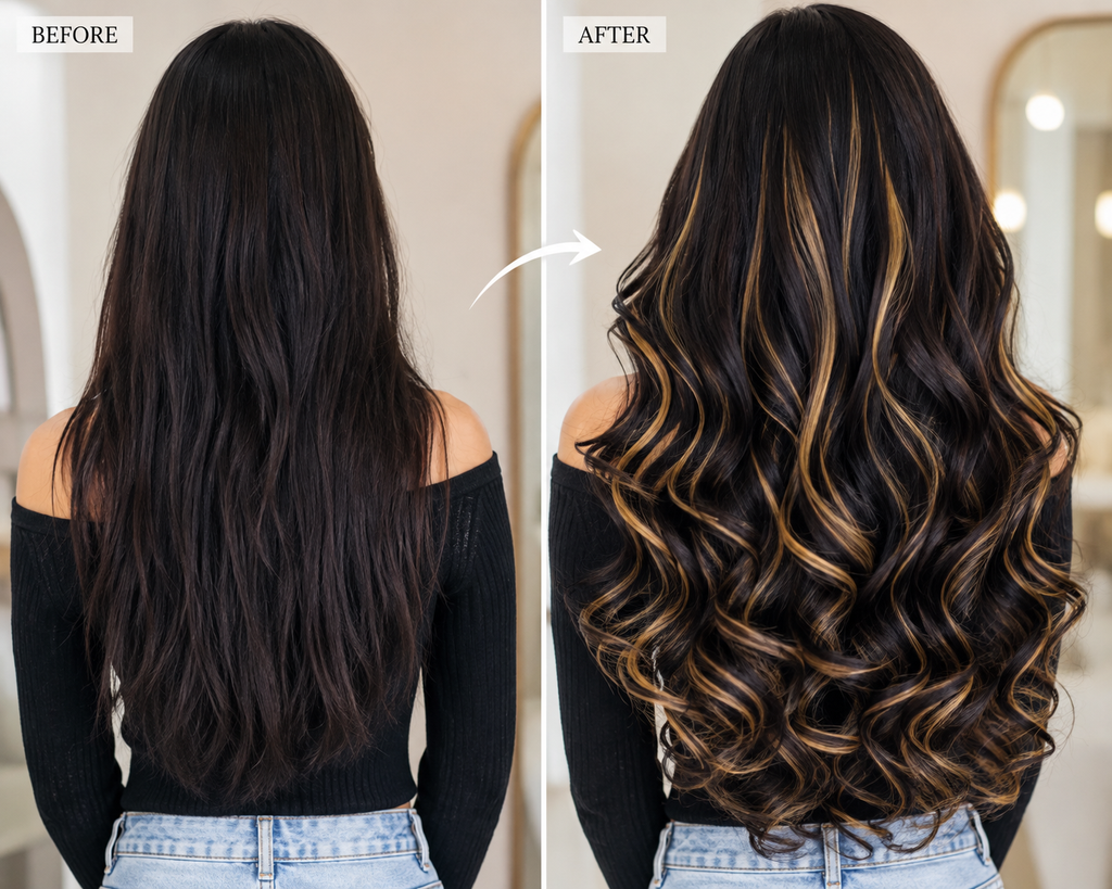 5 Clip-In Heavy Curls Hair extensions, Golden highlights