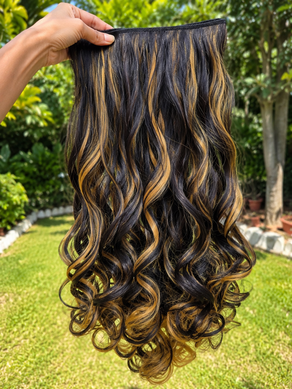 5 Clip-In Heavy Curls Hair extensions, Golden highlights